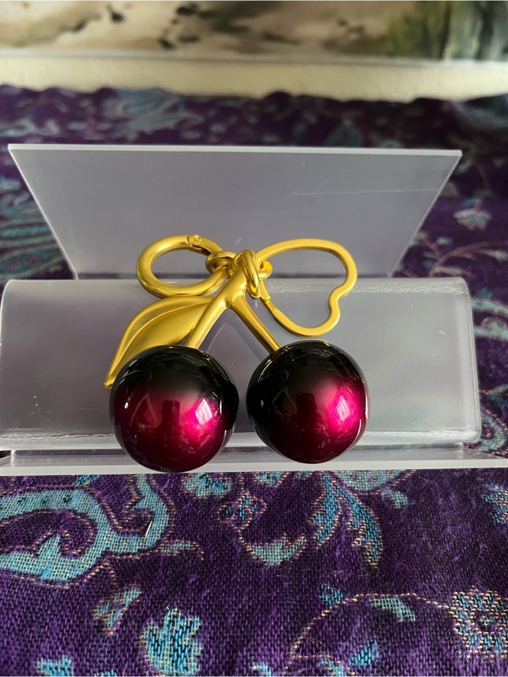 Gold-Tone Iridescent Cherry Keychain/Bag Charm Deep Pink Gradient Spheres